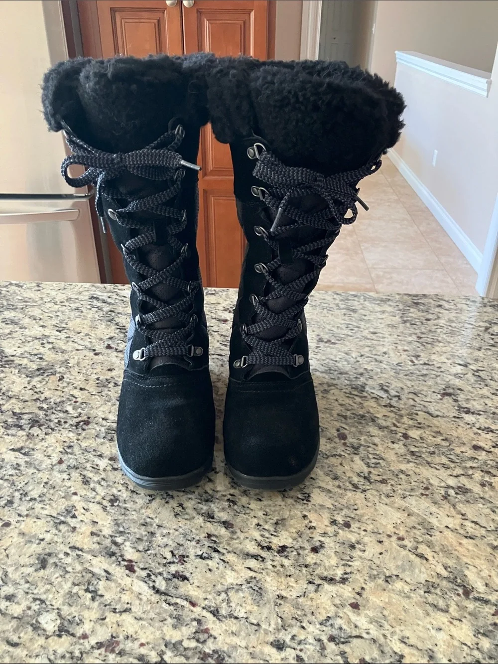 BearPaw Black Quilted Lace-Up Winter Boots with Faux Fur Cuff